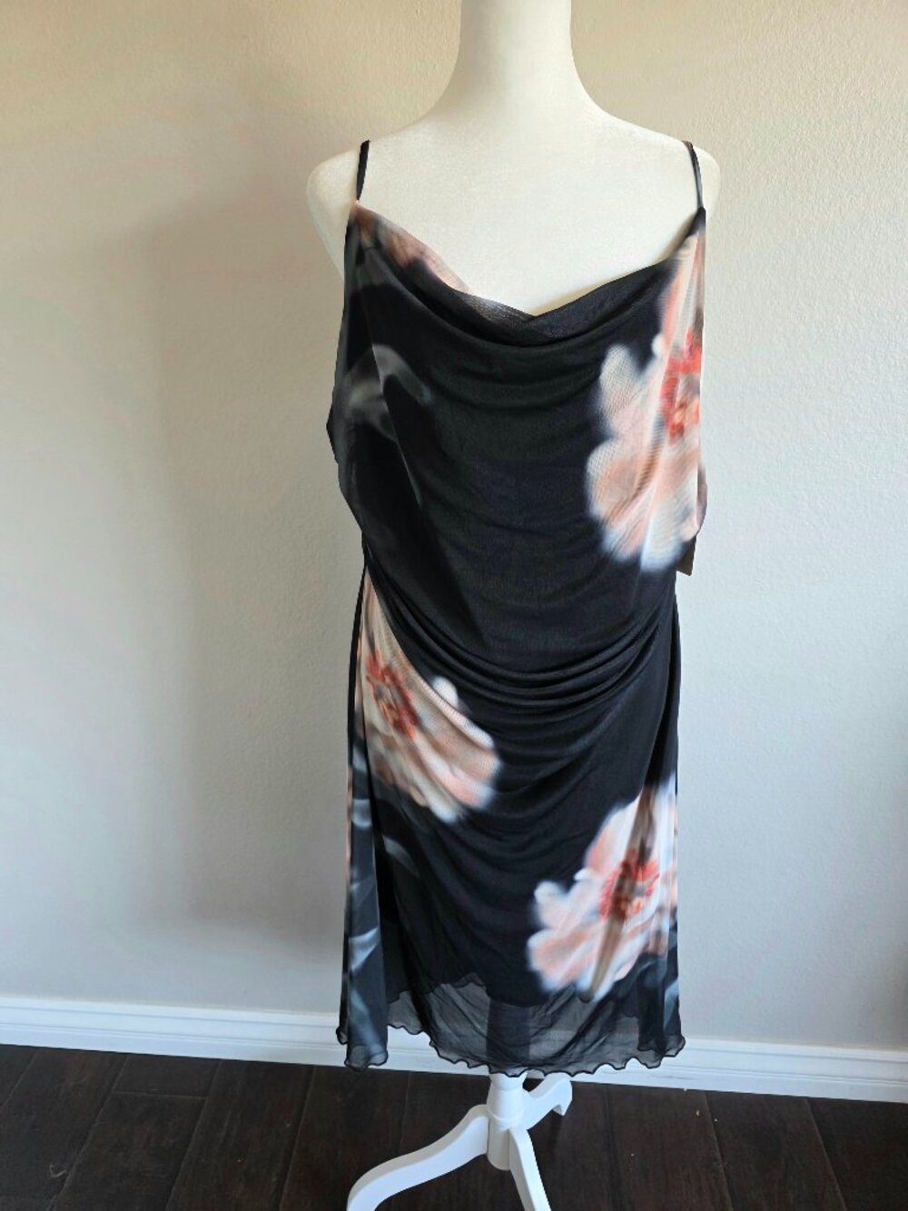 NEW Persaya Dress Mesh Overlay Cowl Neck Ruched Strappy Junior Size 2X 1X
